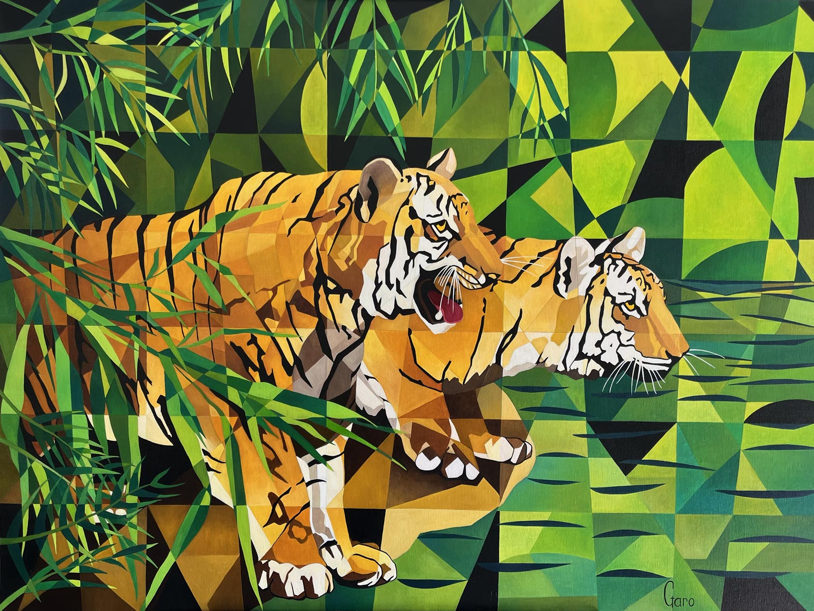 Deux tigres, motif géométrique jungle