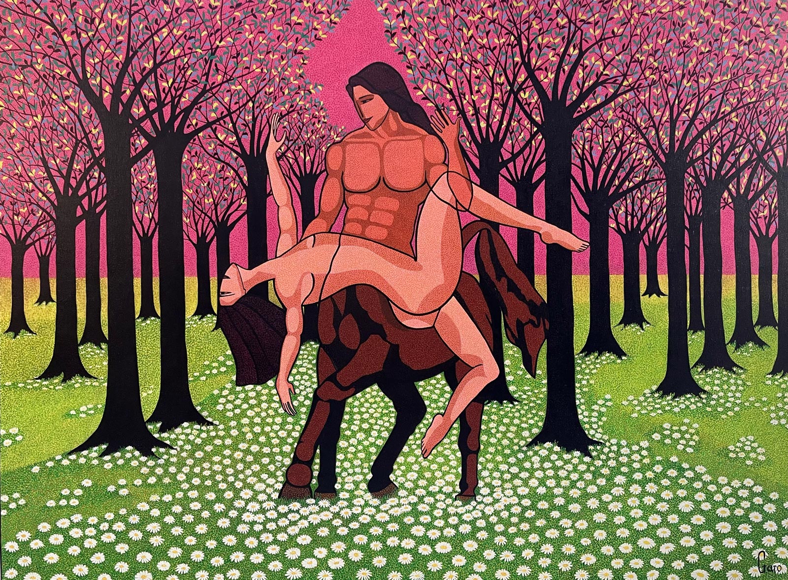 Centaure emportant une femme, forêt fleurie