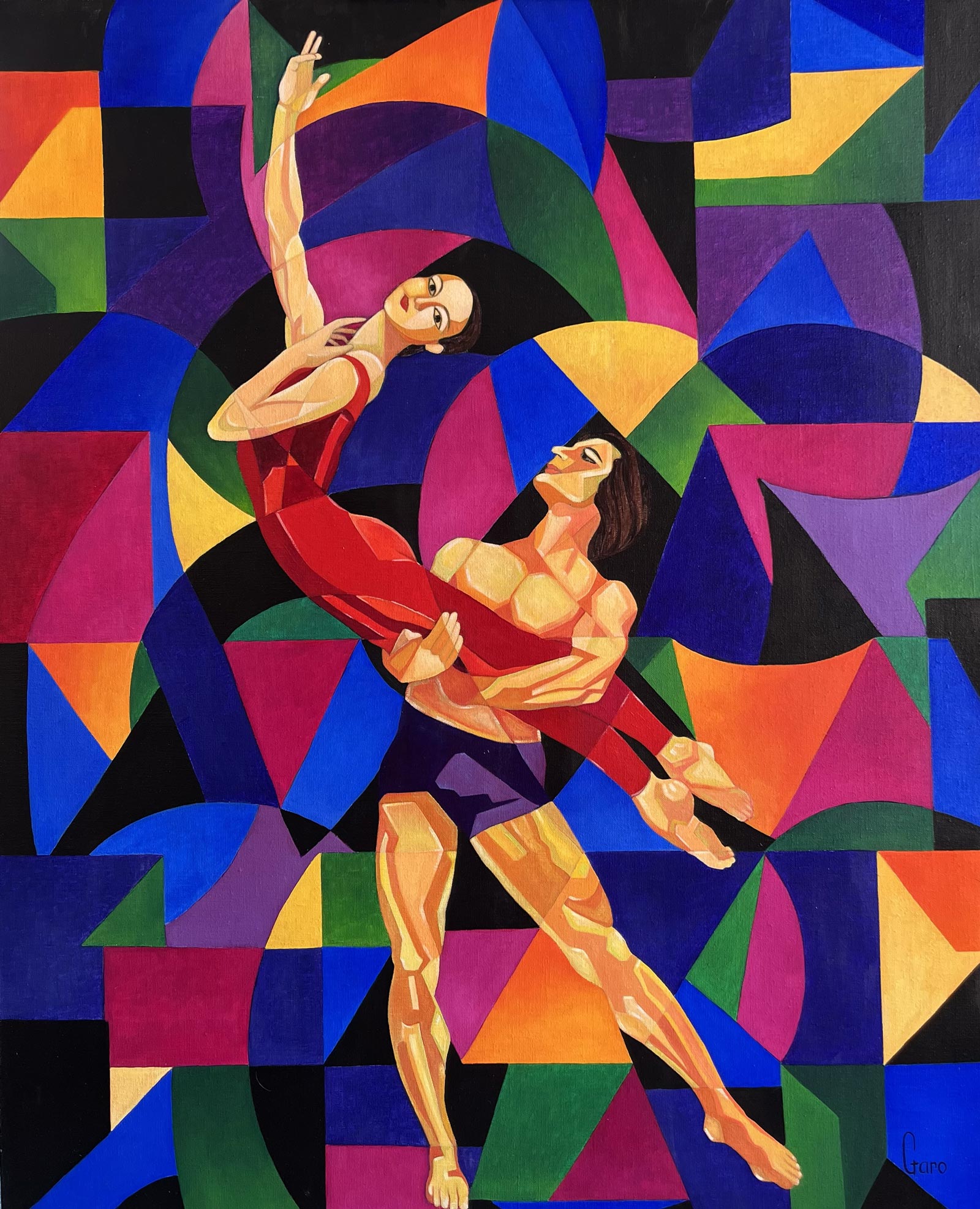 Portée de danse géométrique, rouge et violet