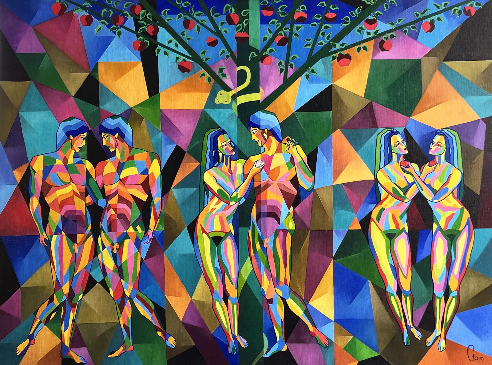 Adam et Ève en triptyque géométrique, œuvre de Garo