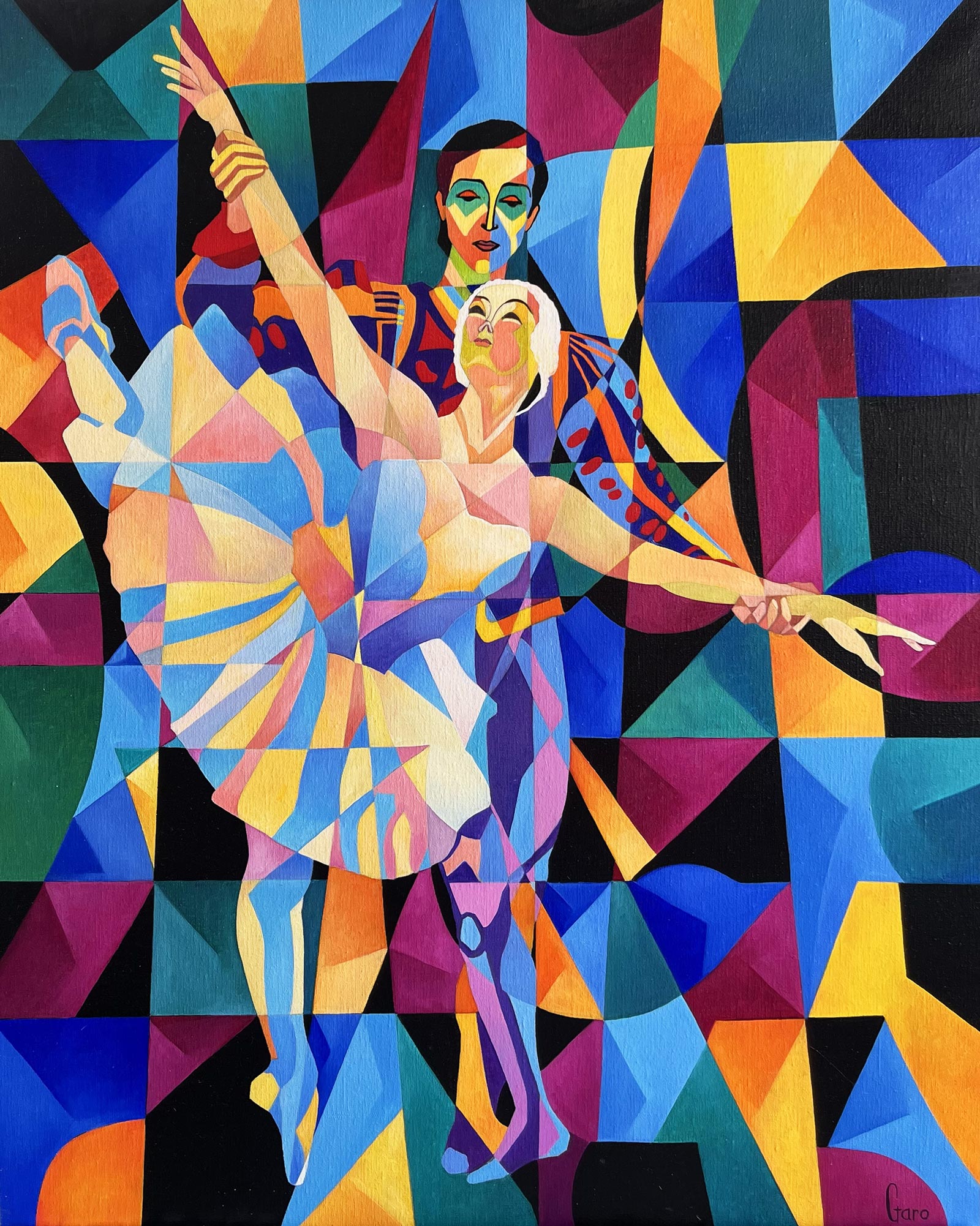 Danseurs masqués géométriques, bleu et jaune