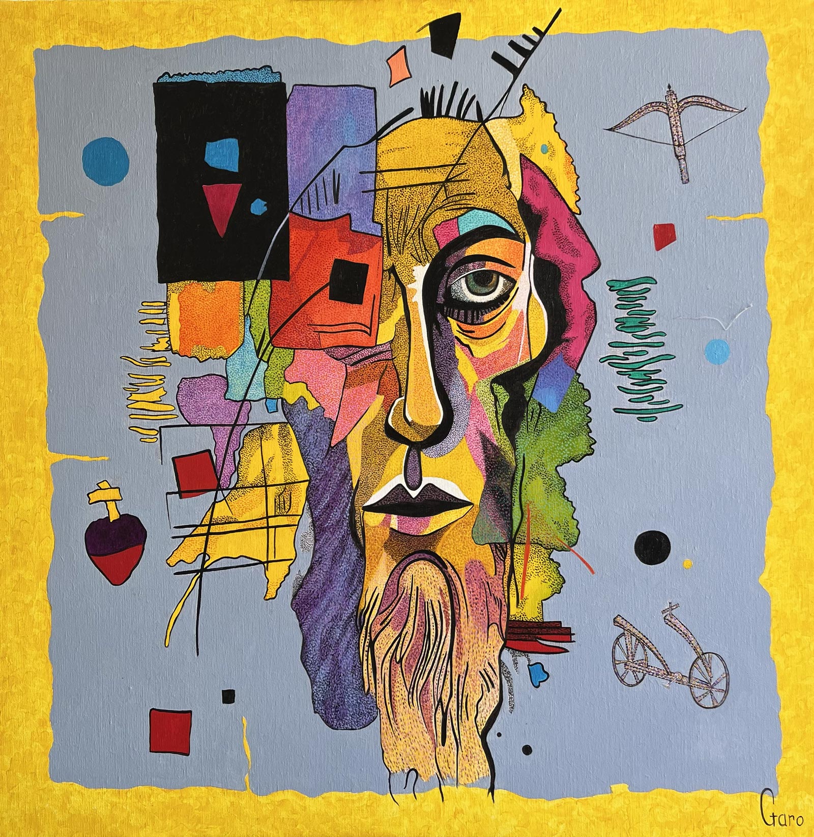 Visage cubiste abstrait, symboles colorés