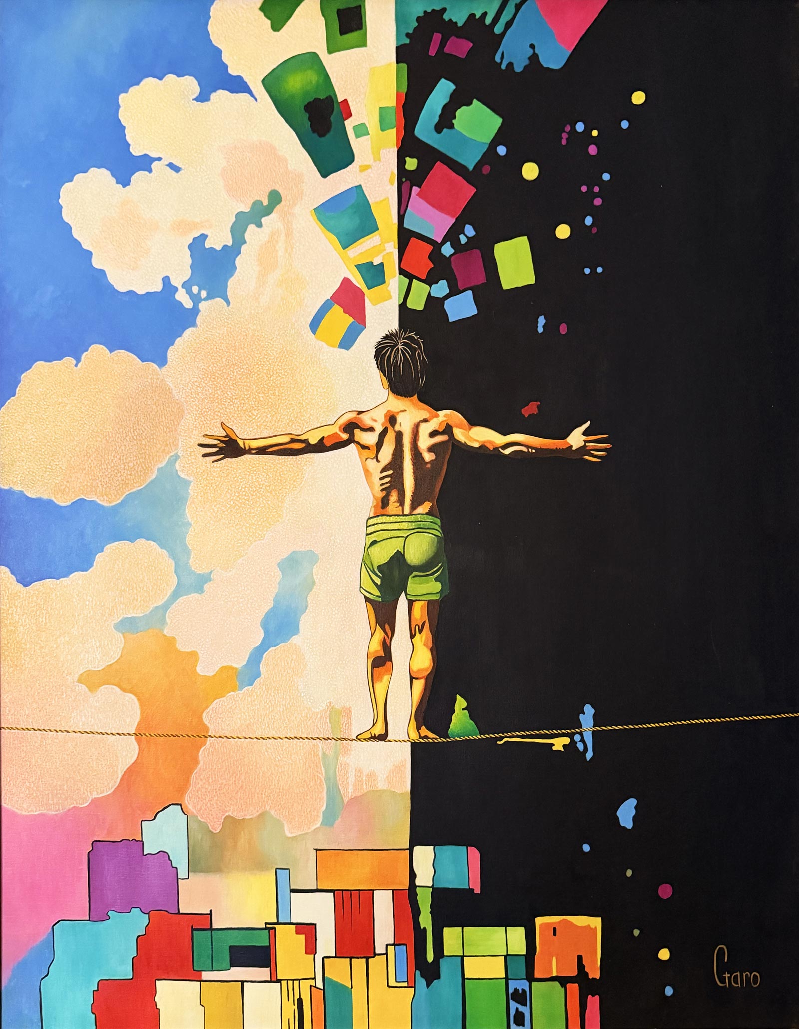 Homme sur un fil, dualité lumière et ombre
