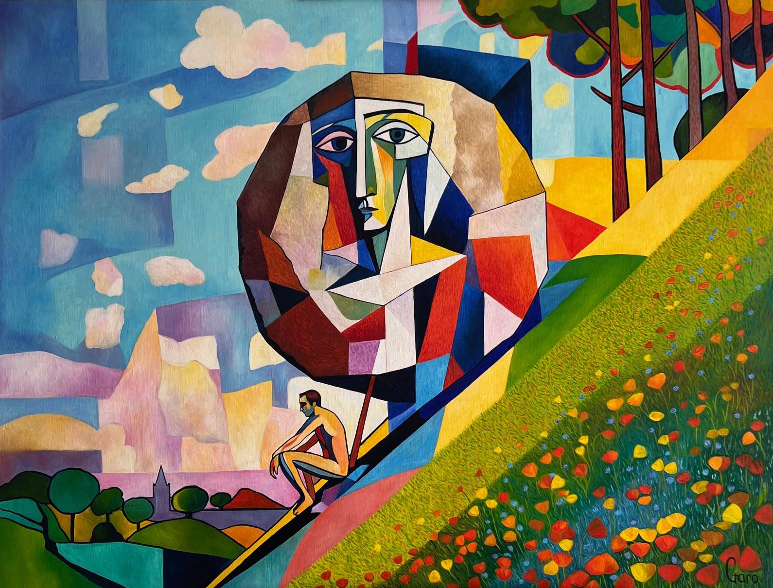 Visage cubiste rocheux, homme dans un pré fleuri