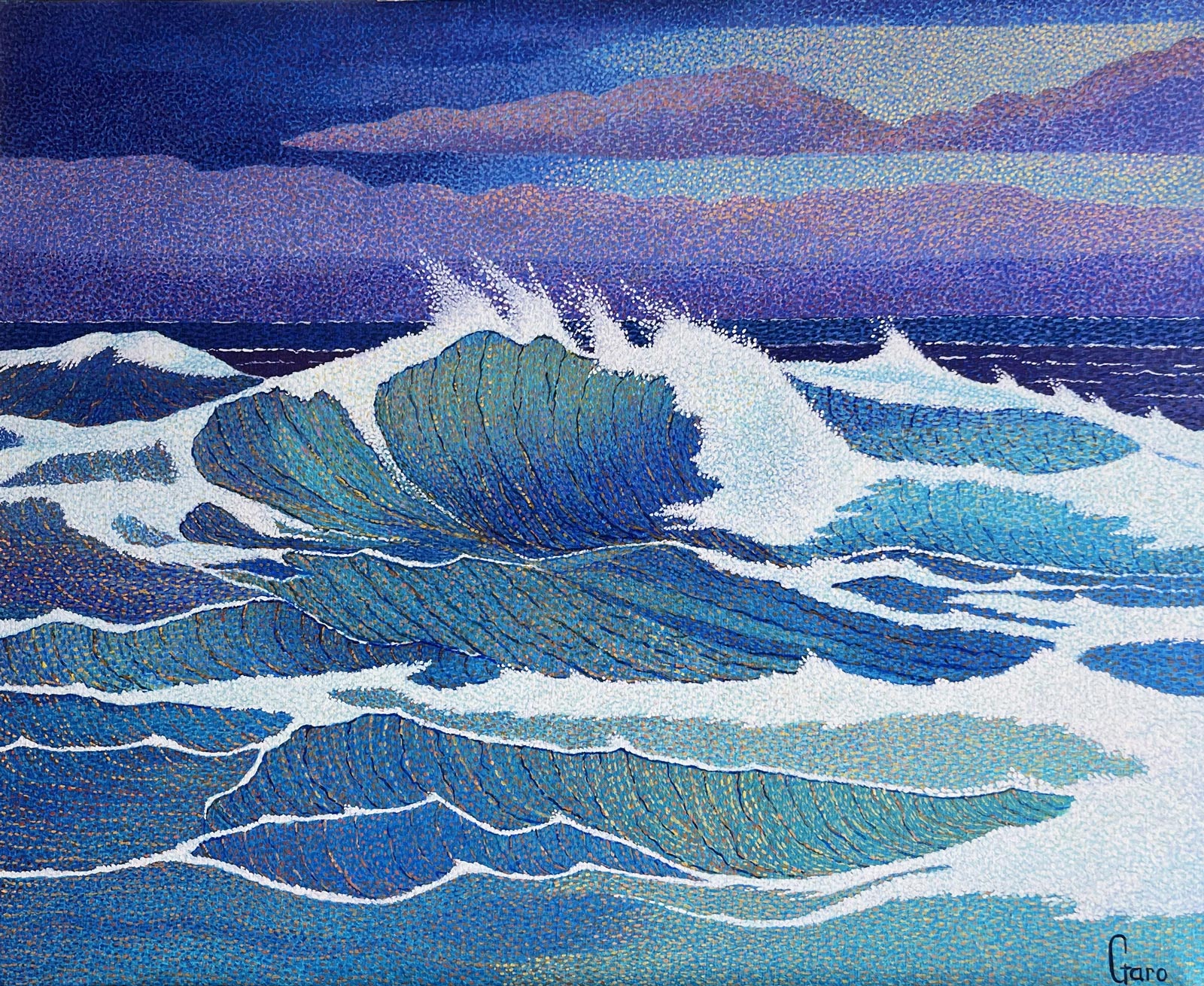 Vagues bleues et violettes, pointillisme