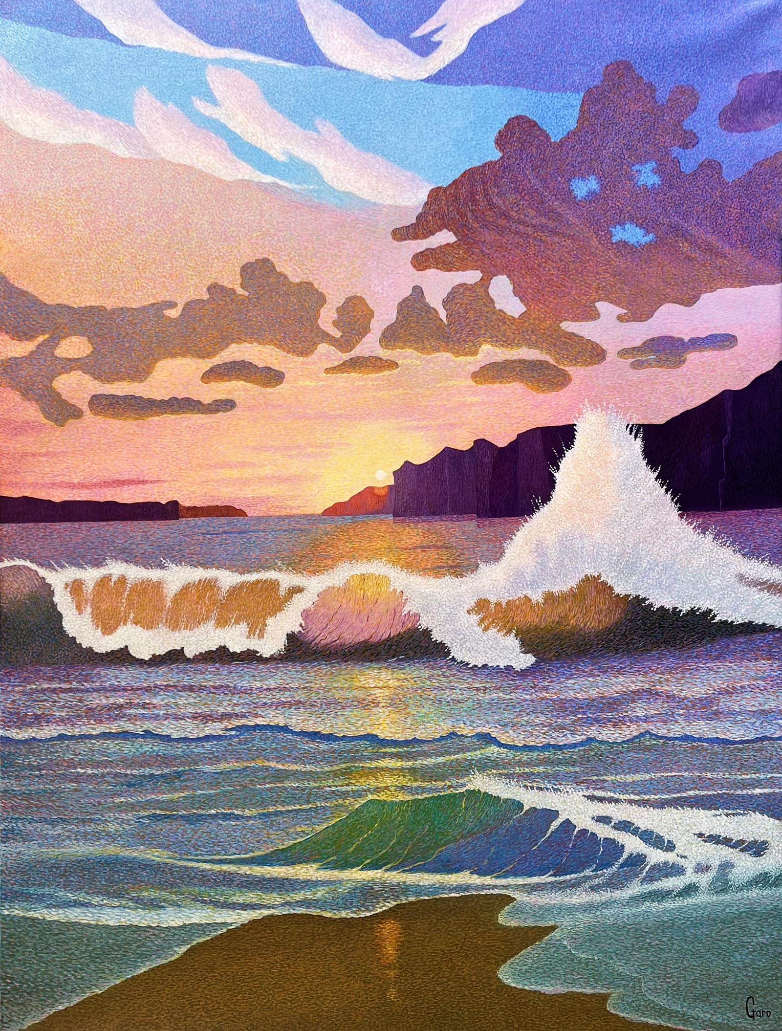 Vagues au coucher de soleil, ciel rose, œuvre de Garo