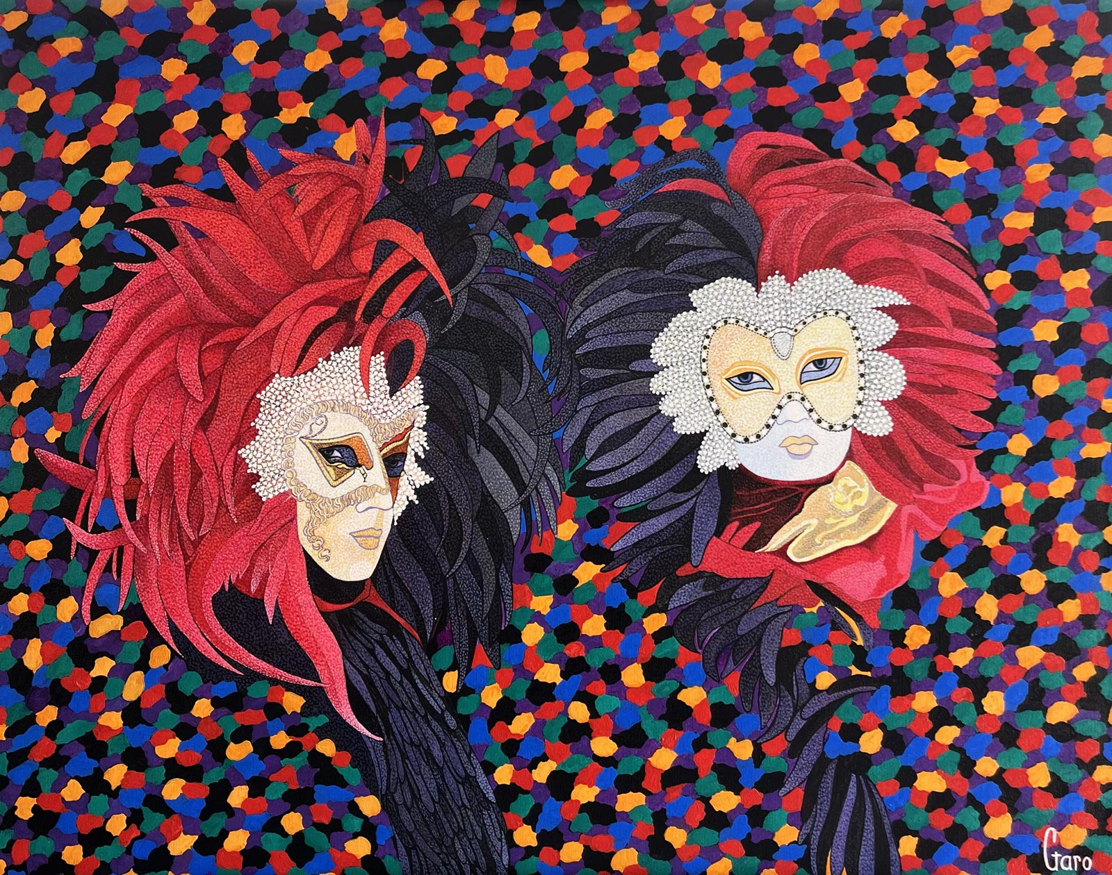 Deux masques de carnaval, confettis